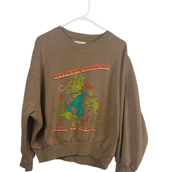 URBAN OUTFITTERS Sweatshirt 
Brown Think Green Frogs Earth Day size Small - Picture 9 of 9